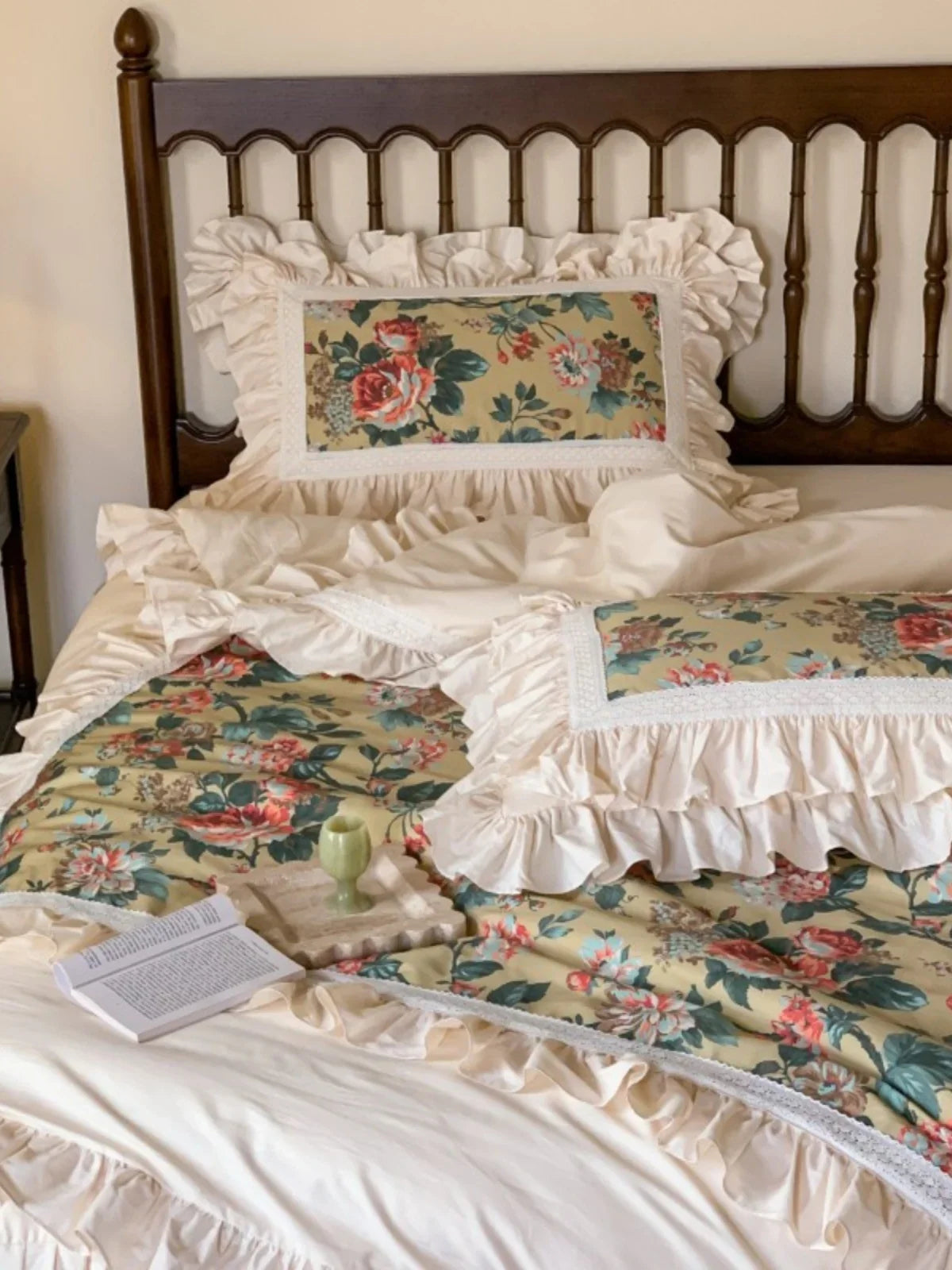 Duvet Cover Set Ruffled Floral Cotton Blend 4 Piece