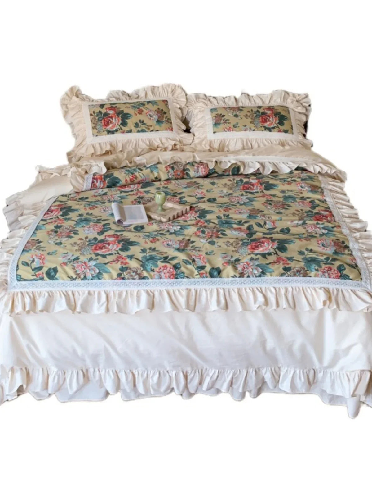 Duvet Cover Set Ruffled Floral Cotton Blend 4 Piece