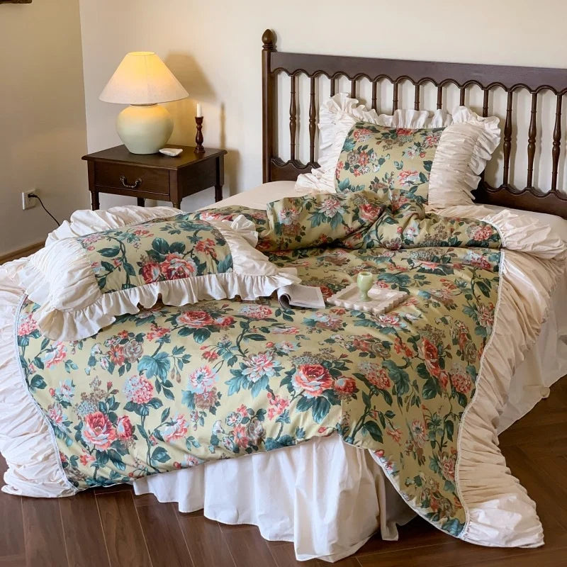 Duvet Cover Set Ruffled Floral Cotton Blend 4 Piece
