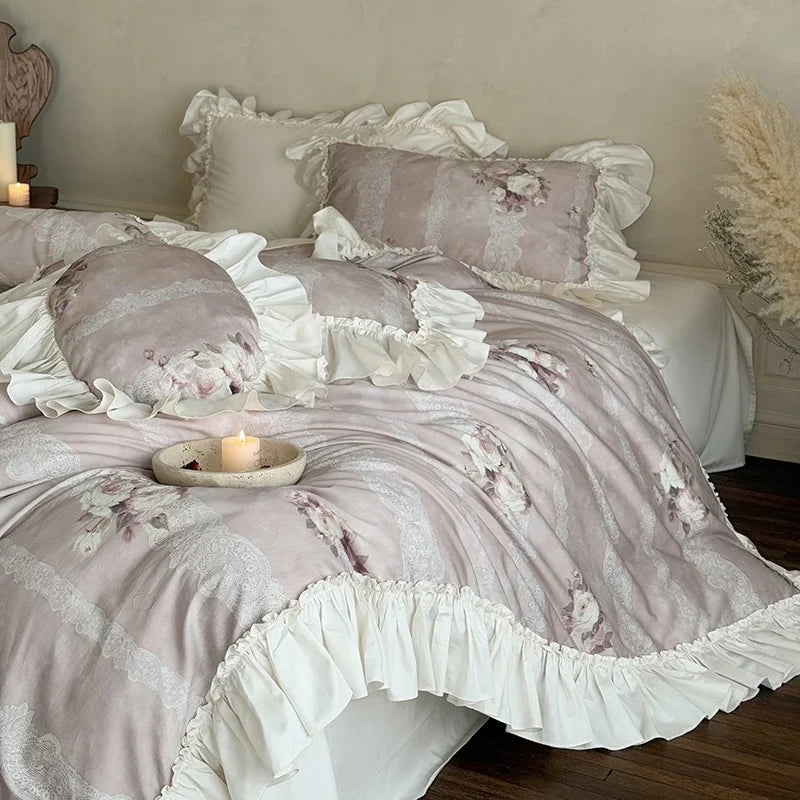 Duvet Cover Set Ruffled Lace Floral Cotton Blend