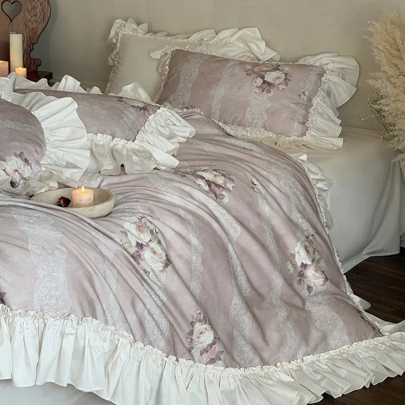Duvet Cover Set Ruffled Lace Floral Cotton Blend
