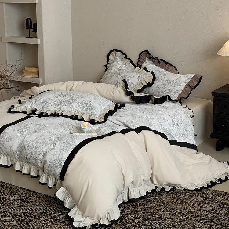 Duvet Cover Set Ruffled Vintage Toile 4 Piece