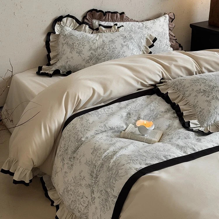 Duvet Cover Set Ruffled Vintage Toile 4 Piece