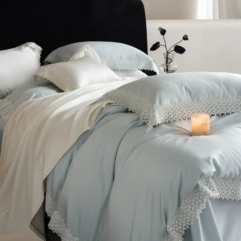 Duvet Cover Set Satin Crochet Lace Trim