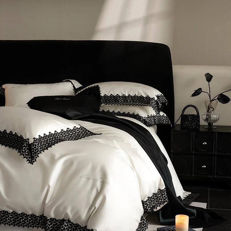 Duvet Cover Set Satin Crochet Lace Trim