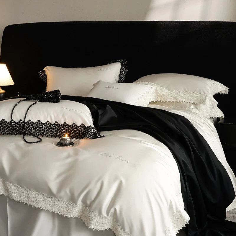 Duvet Cover Set Satin Crochet Lace Trim