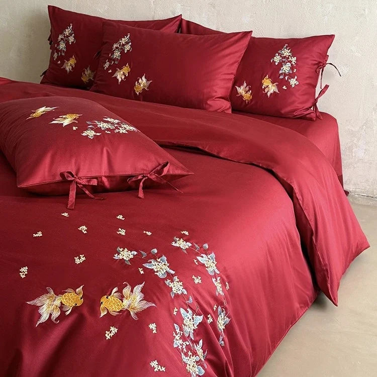 Duvet Cover Set Satin Embroidered Floral & Fish 4-Piece