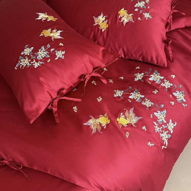 Duvet Cover Set Satin Embroidered Floral & Fish 4-Piece