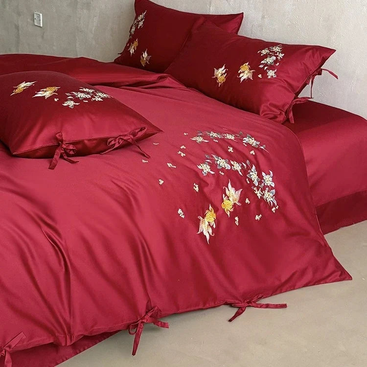 Duvet Cover Set Satin Embroidered Floral & Fish 4-Piece