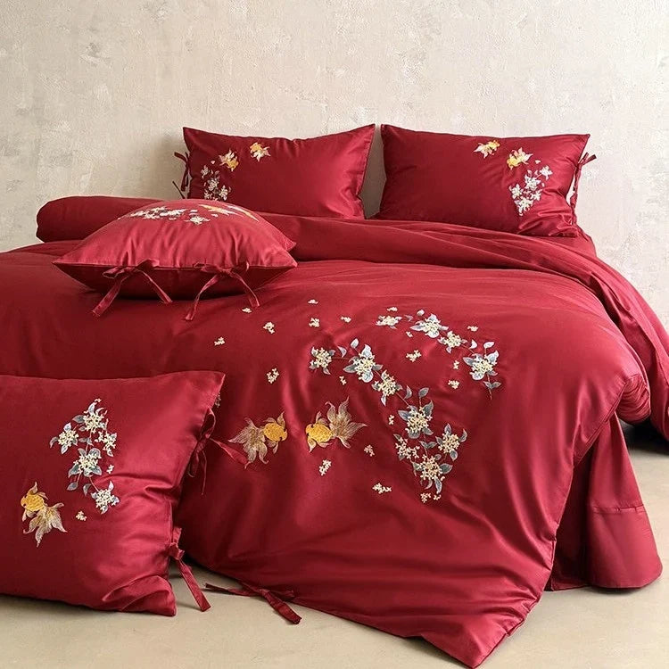 Duvet Cover Set Satin Embroidered Floral & Fish 4-Piece