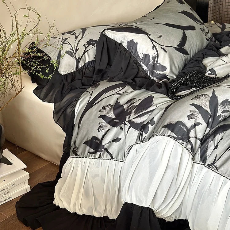 Duvet Cover Set Satin Finish Chiffon Ruffles 4-Piece