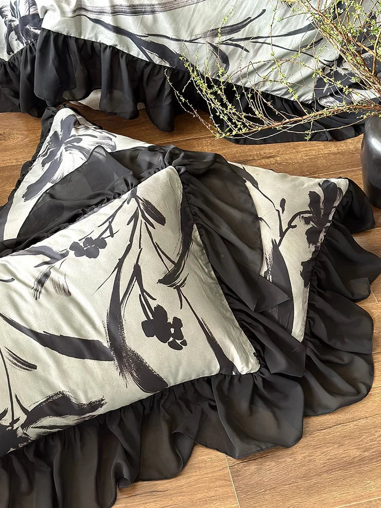 Duvet Cover Set Satin Finish Chiffon Ruffles 4-Piece