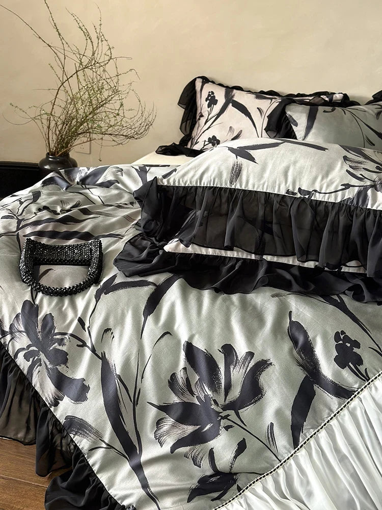 Duvet Cover Set Satin Finish Chiffon Ruffles 4-Piece