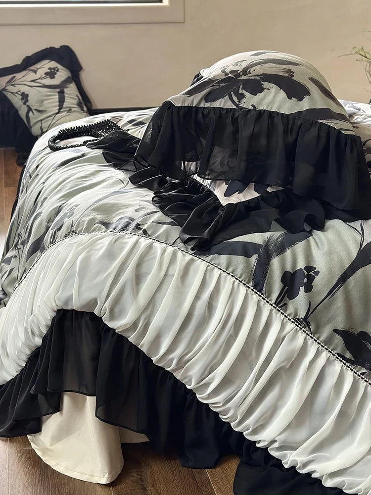 Duvet Cover Set Satin Finish Chiffon Ruffles 4-Piece
