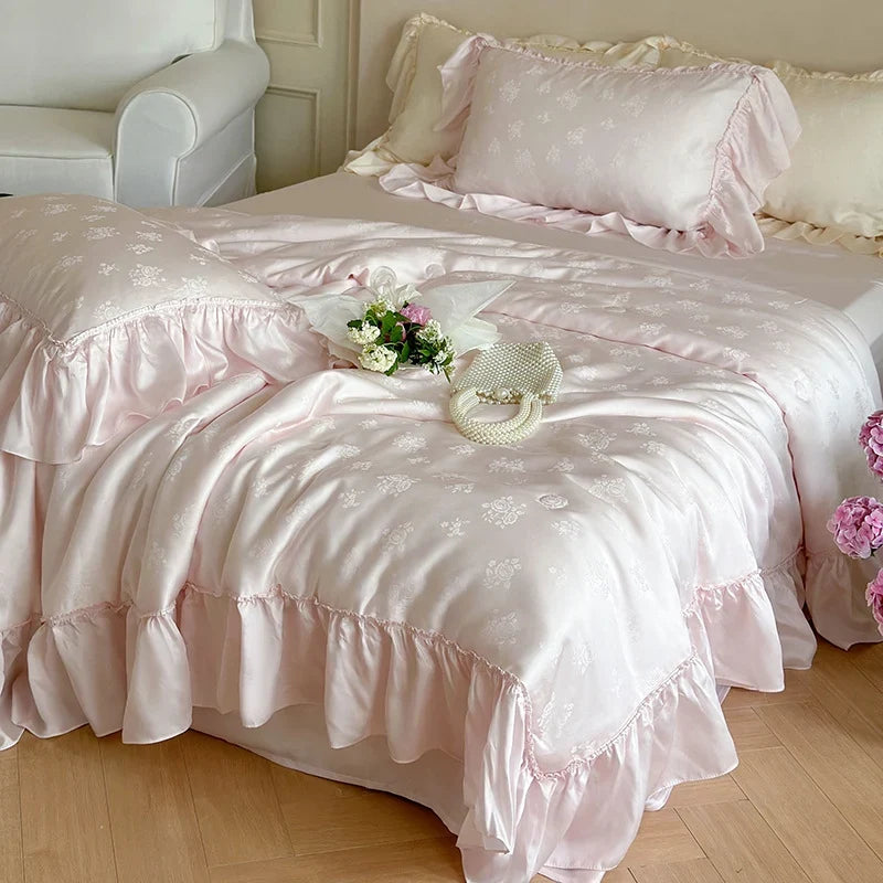 Duvet Cover Set Satin Jacquard Floral Ruffled Edges