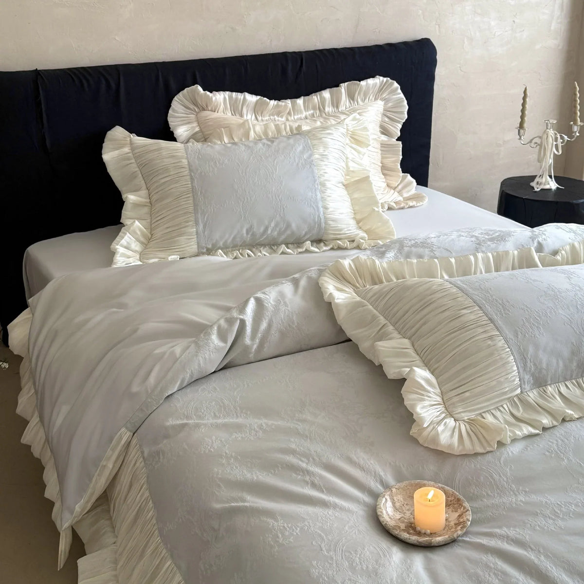 Duvet Cover Set Satin Jacquard Pleated Ruffles