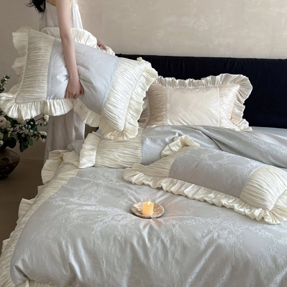 Duvet Cover Set Satin Jacquard Pleated Ruffles