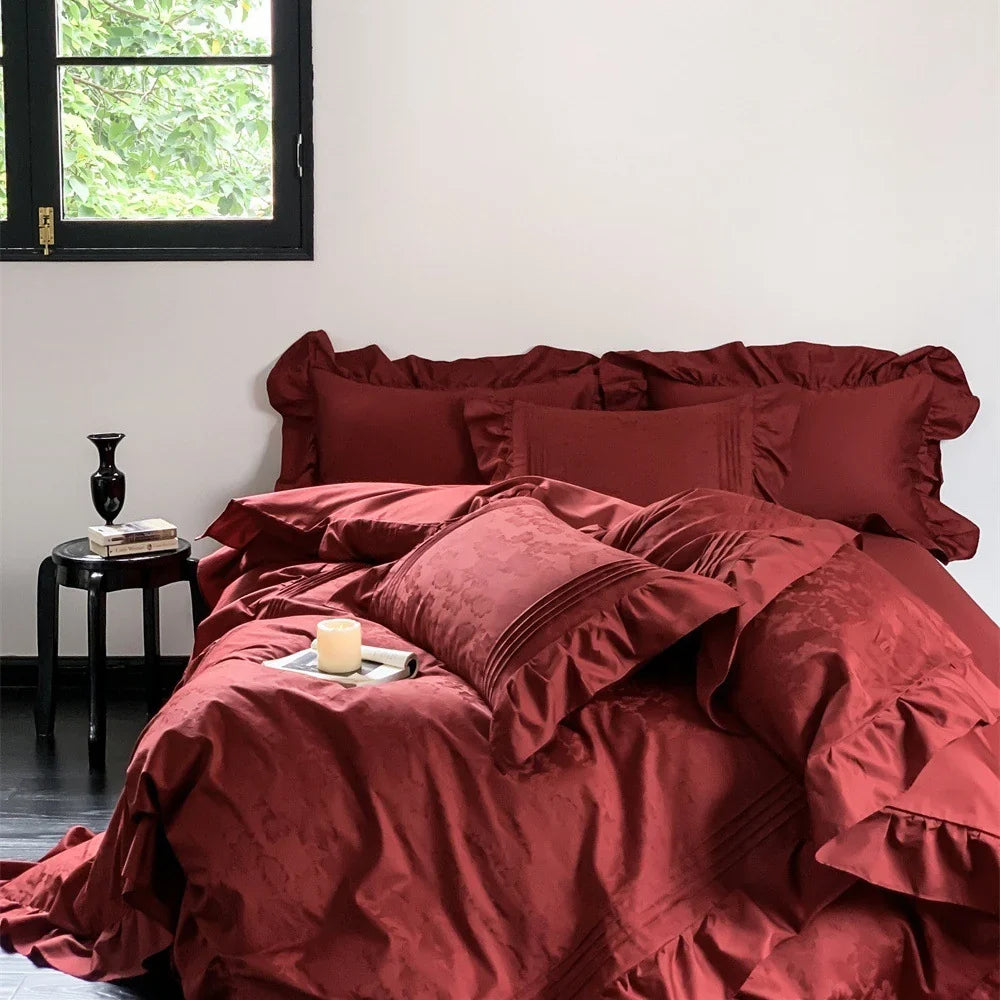 Duvet Cover Set Satin Jacquard Relief & Ruffle 6-Piece