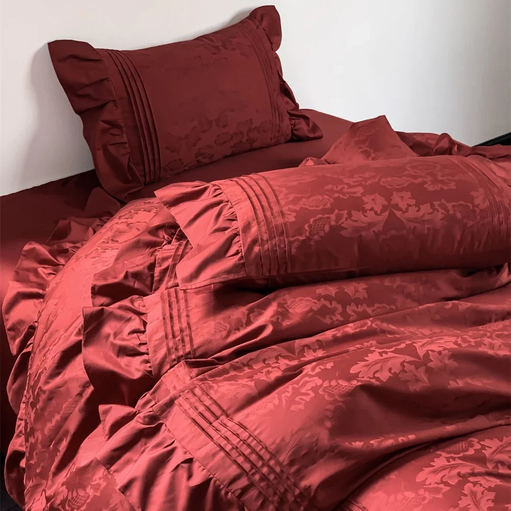 Duvet Cover Set Satin Jacquard Relief & Ruffle 6-Piece