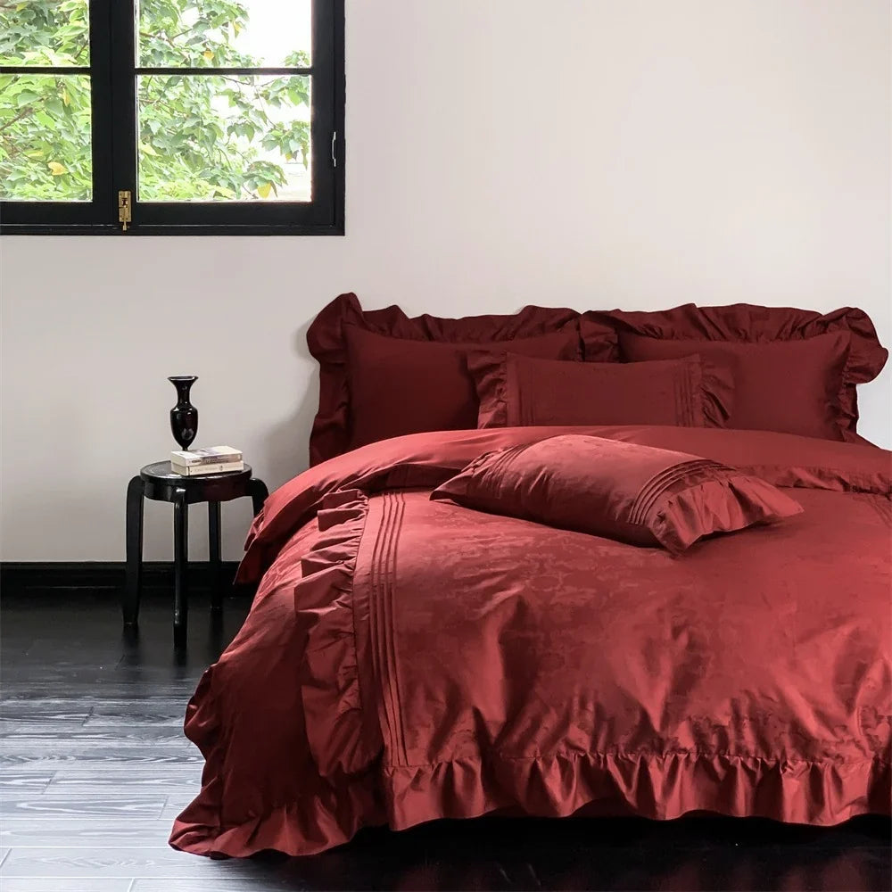 Duvet Cover Set Satin Jacquard Relief & Ruffle 6-Piece