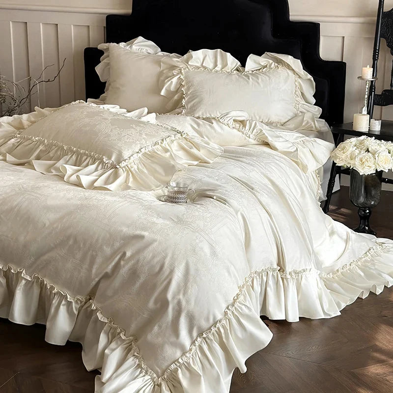 Duvet Cover Set Satin-Like Jacquard Ruffle Trim 4-Piece