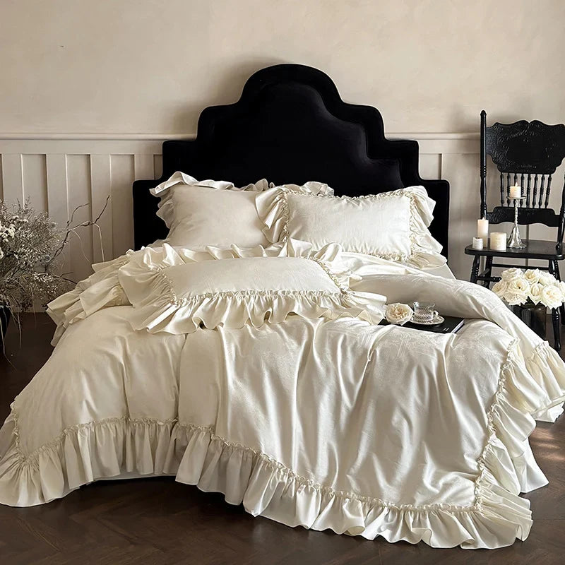 Duvet Cover Set Satin-Like Jacquard Ruffle Trim 4-Piece
