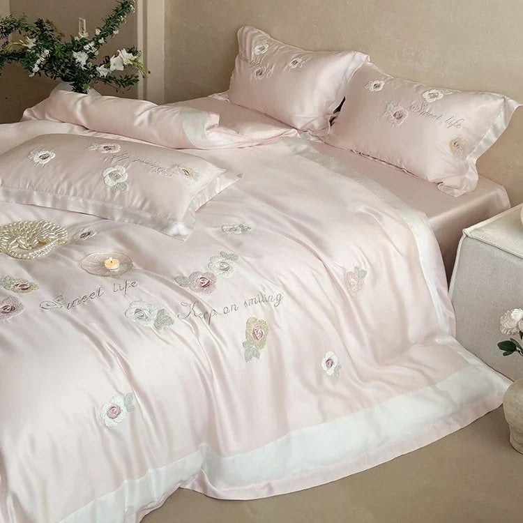 Duvet Cover Set Satin & Rose Embroidery 4-Piece