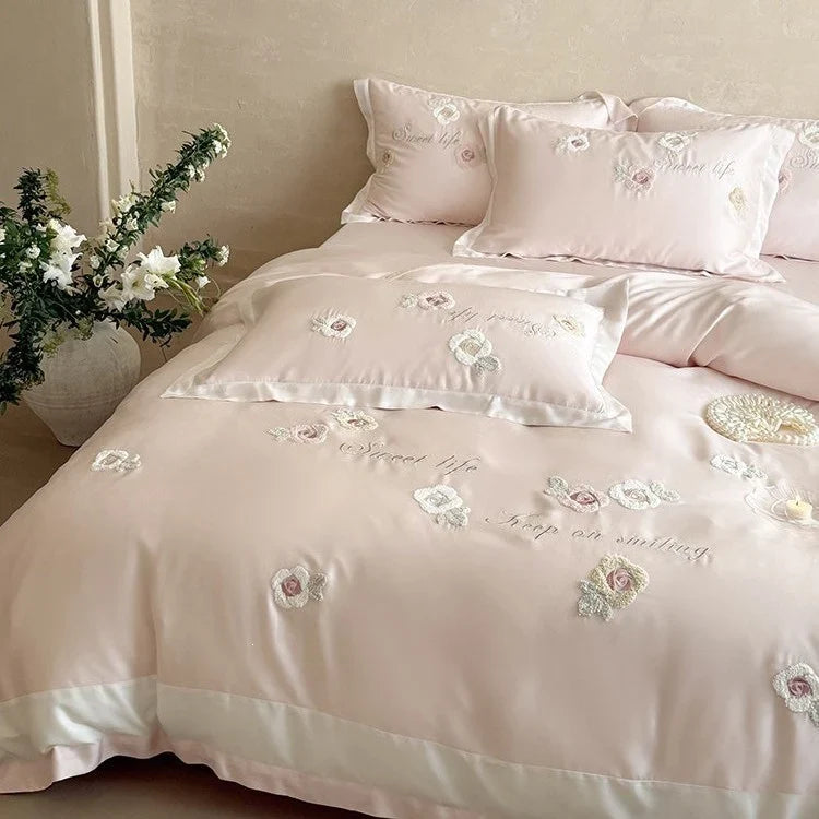 Duvet Cover Set Satin & Rose Embroidery 4-Piece