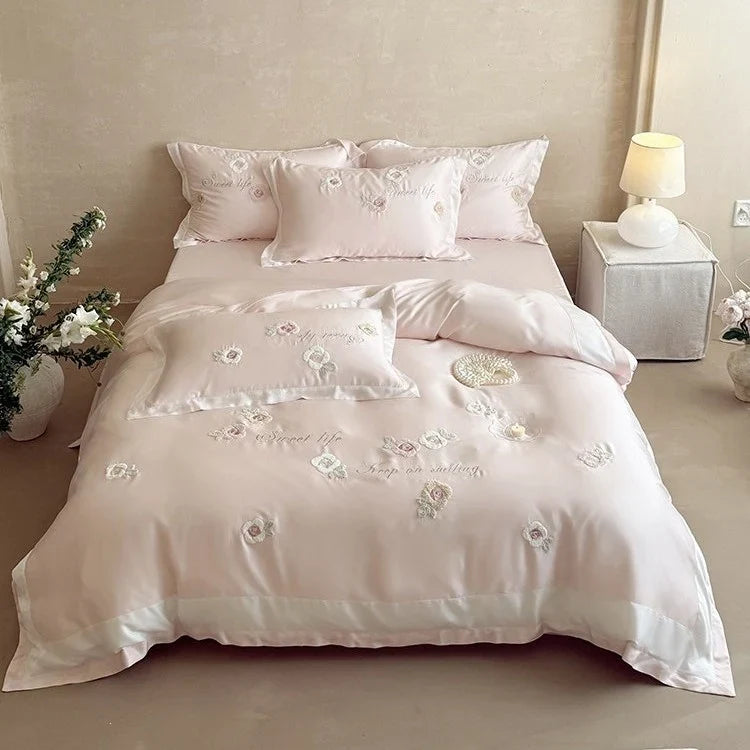 Duvet Cover Set Satin & Rose Embroidery 4-Piece
