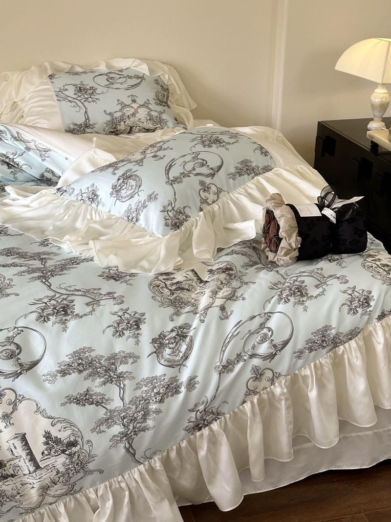 Duvet Cover Set Satin Vintage Toile Ruffled Trim