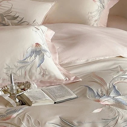 Duvet Cover Set Silky Satin Embroidered Floral Four-Piece
