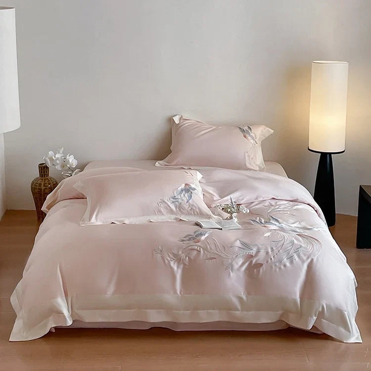 Duvet Cover Set Silky Satin Embroidered Floral Four-Piece