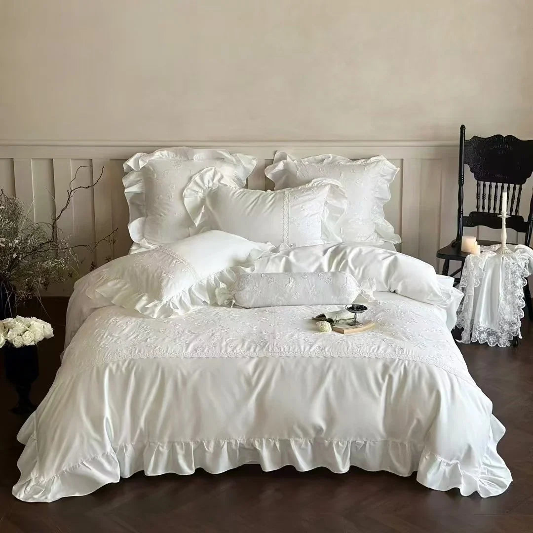 Duvet Cover Set Silky Satin Embroidered Lace Trim 4-Piece