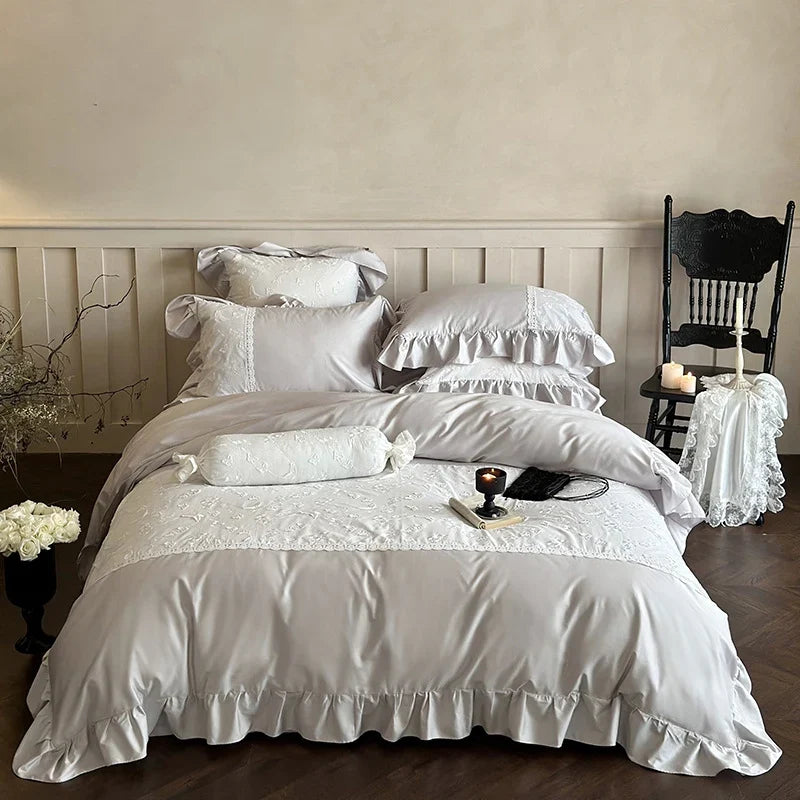 Duvet Cover Set Silky Satin Embroidered Lace Trim 4-Piece