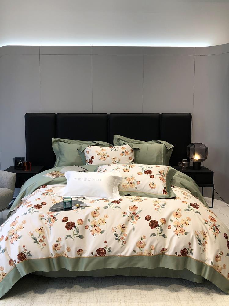 Duvet Cover Set Silky Satin Watercolor Floral & Ruffled Edge