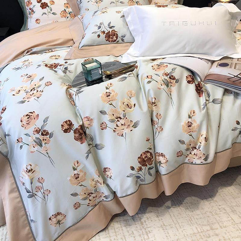 Duvet Cover Set Silky Satin Watercolor Floral & Ruffled Edge