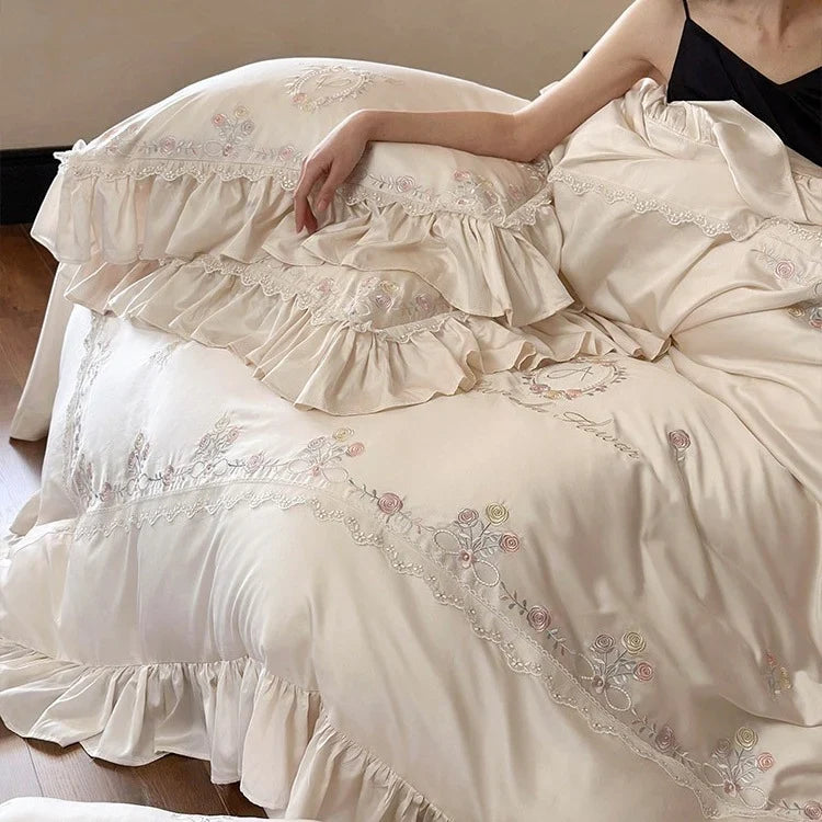 Duvet Cover Set Smooth Satin Floral Embroidery & Ruffle Trim