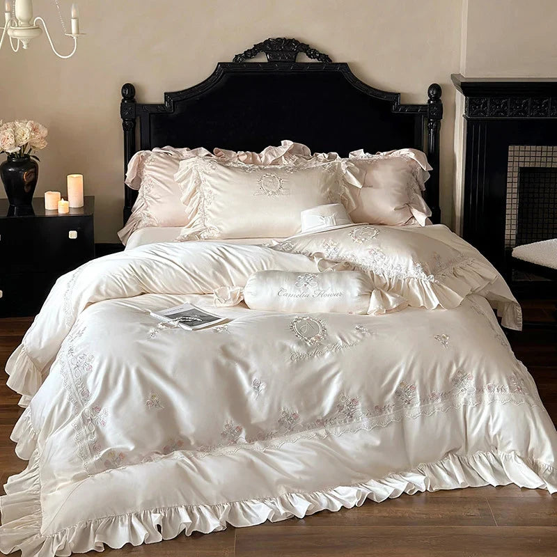 Duvet Cover Set Smooth Satin Floral Embroidery & Ruffle Trim