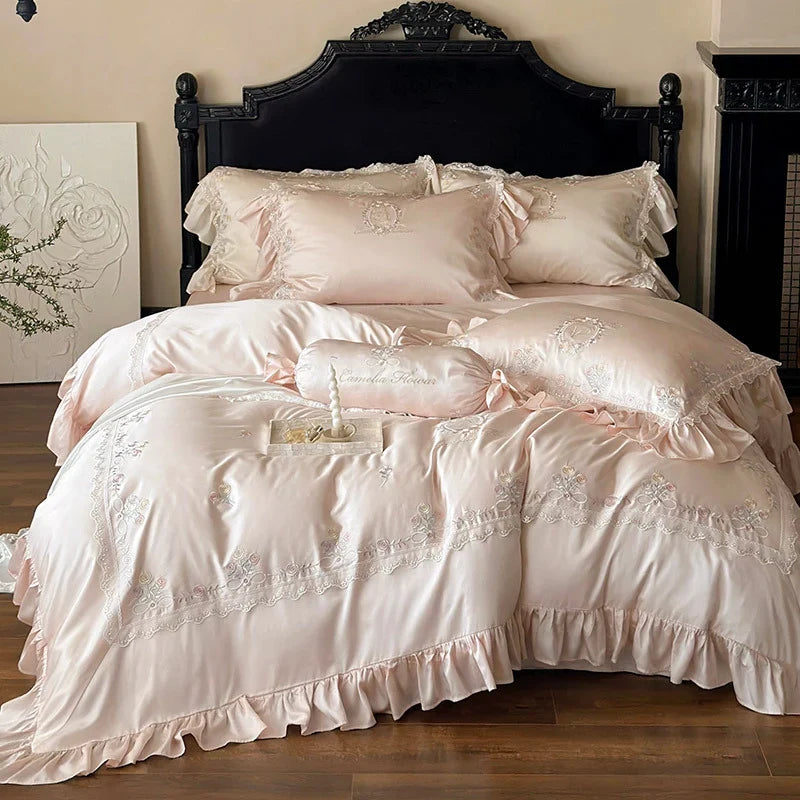 Duvet Cover Set Smooth Satin Floral Embroidery & Ruffle Trim