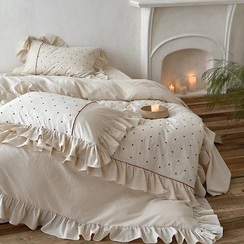 Duvet Cover Set Stonewashed Cotton Embroidered Dots & Ruffle
