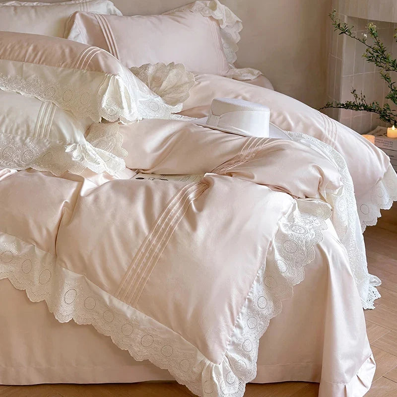Duvet Cover Set Tencel Cotton Satin Embroidered Lace