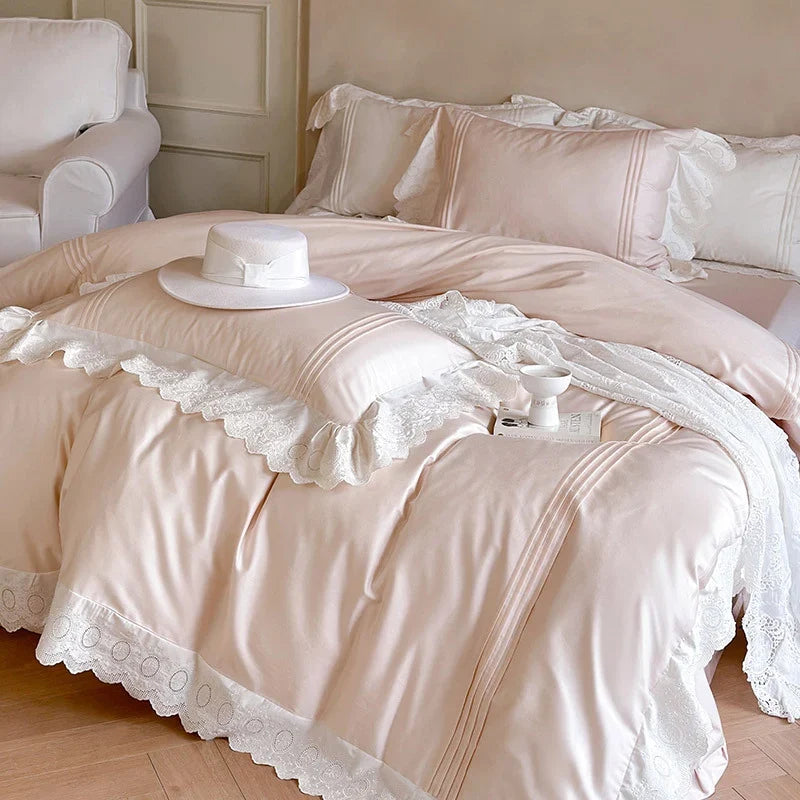 Duvet Cover Set Tencel Cotton Satin Embroidered Lace