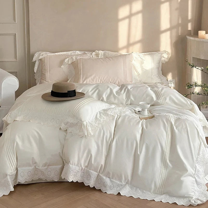 Duvet Cover Set Tencel Cotton Satin Embroidered Lace