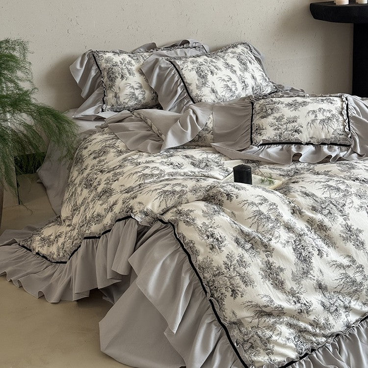 Duvet Cover Set Toile-de-Jouy Gathered Ruffle Cotton Blend