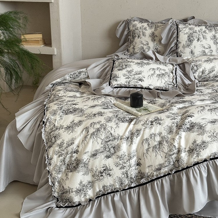 Duvet Cover Set Toile-de-Jouy Gathered Ruffle Cotton Blend