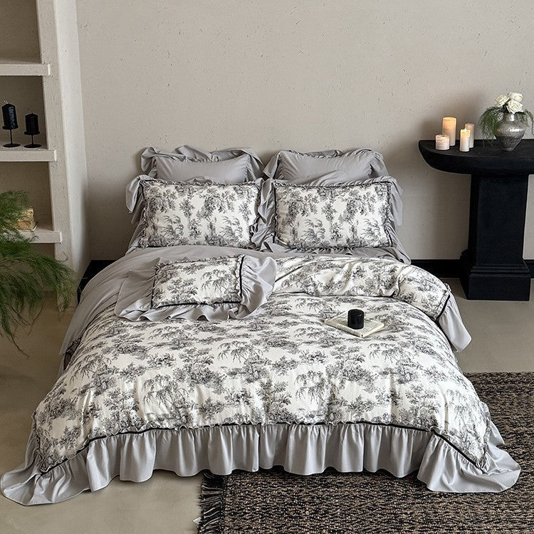 Duvet Cover Set Toile-de-Jouy Gathered Ruffle Cotton Blend