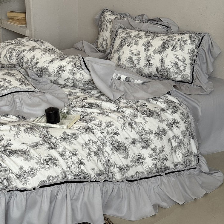 Duvet Cover Set Toile-de-Jouy Gathered Ruffle Cotton Blend