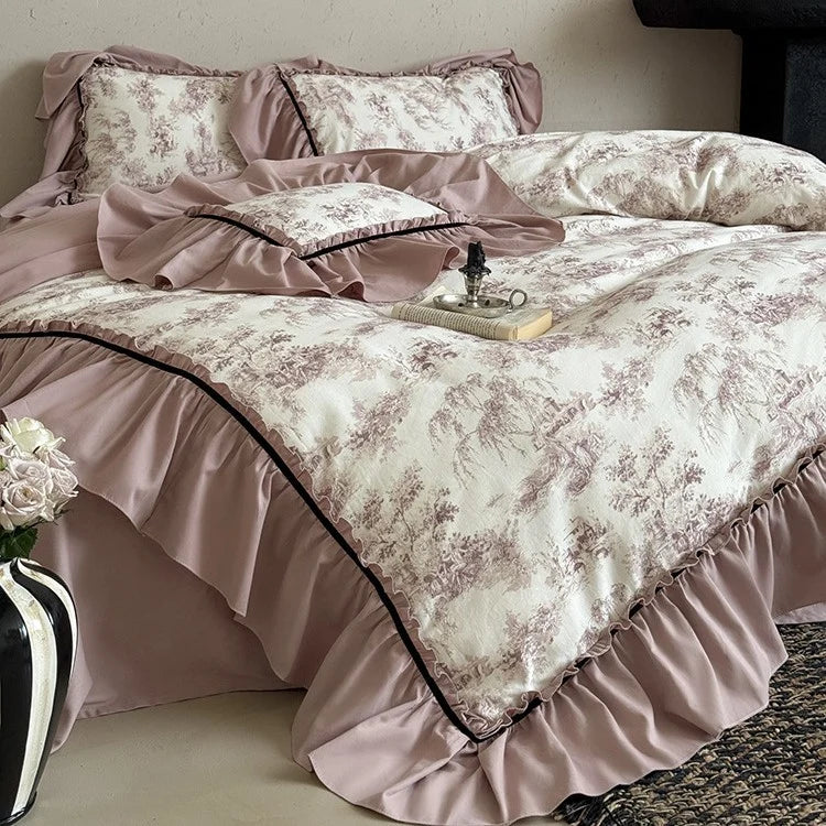 Duvet Cover Set Toile-de-Jouy Gathered Ruffle Cotton Blend