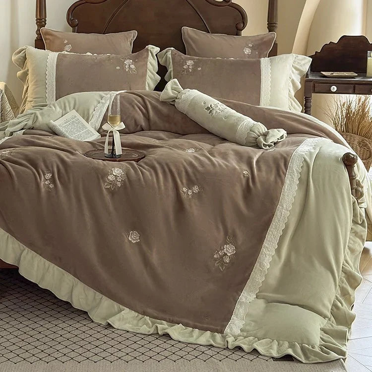 Duvet Cover Set Velvet Microfiber Reversible Rose Embroidery
