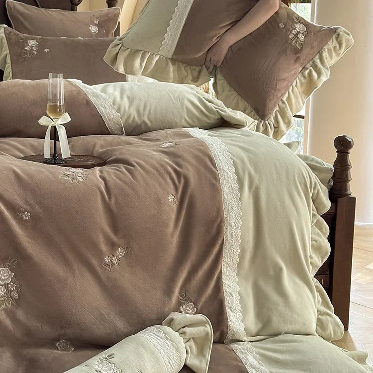 Duvet Cover Set Velvet Microfiber Reversible Rose Embroidery